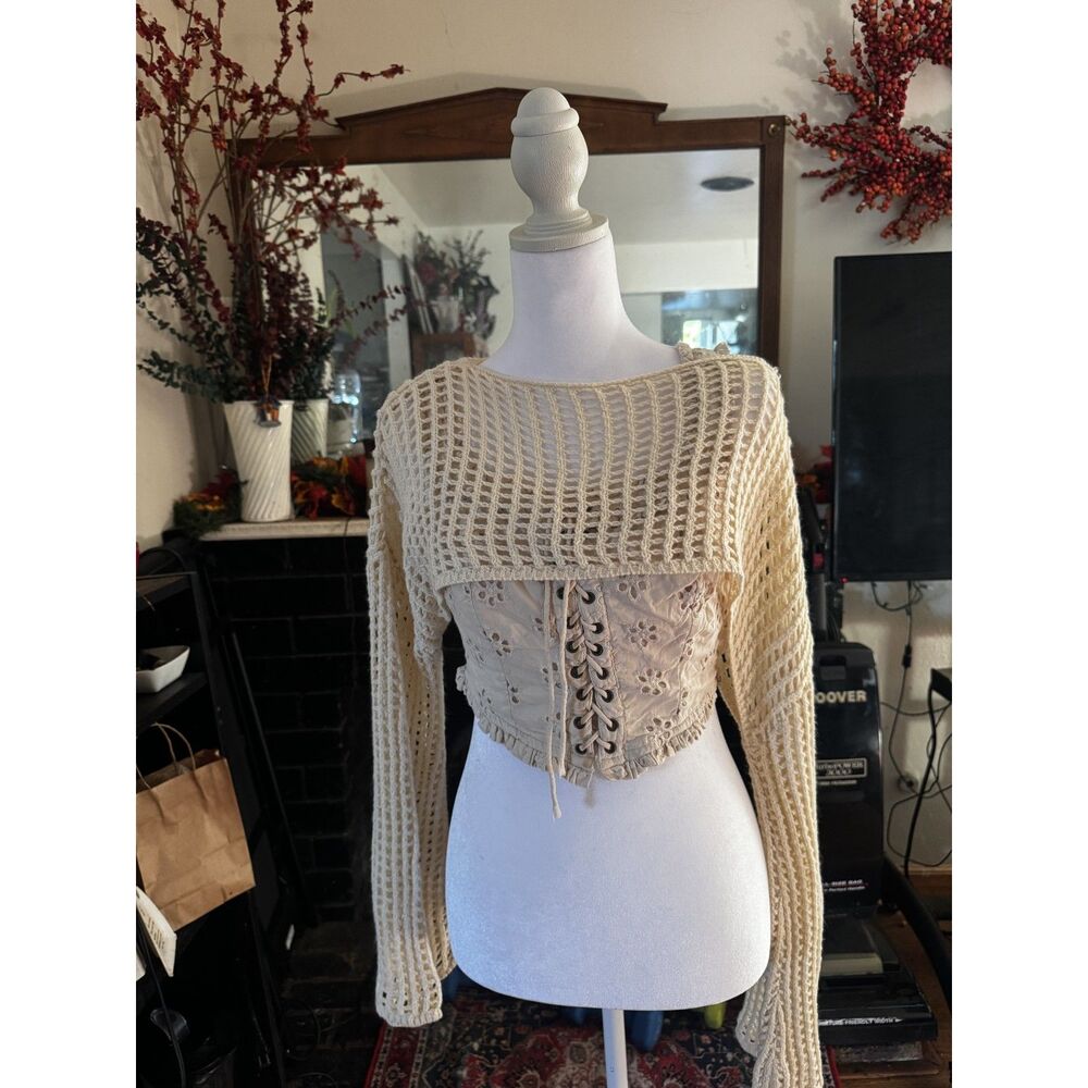 Cream Crochet Open Knit Bell Sleeve Bolero
